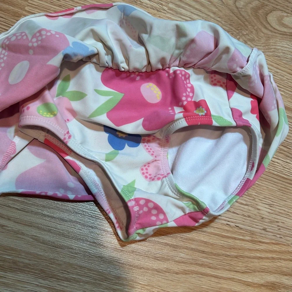 LL Bean Toddler Girls 4T‎ Floral Two Piece Swimsuit Tankini Skirted Pink Blue